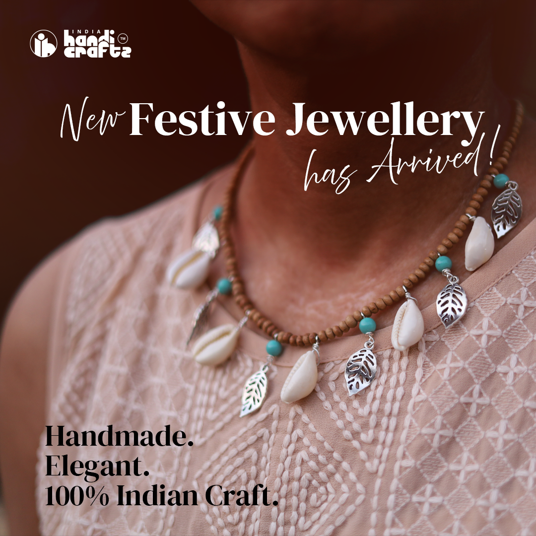 Necklace with leaf and shell pendants on a patterned garment, with text about new festive jewellery of fashion jewellery for women