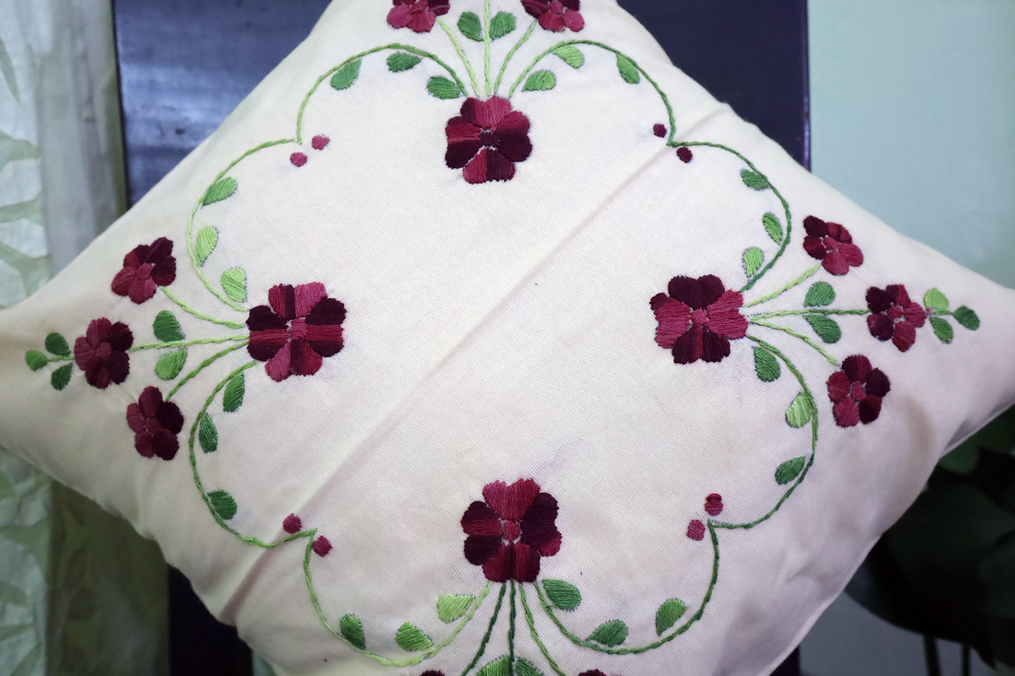 Hand Embroidery Floral Cushion Covers 16x16 (Maroon/Green)