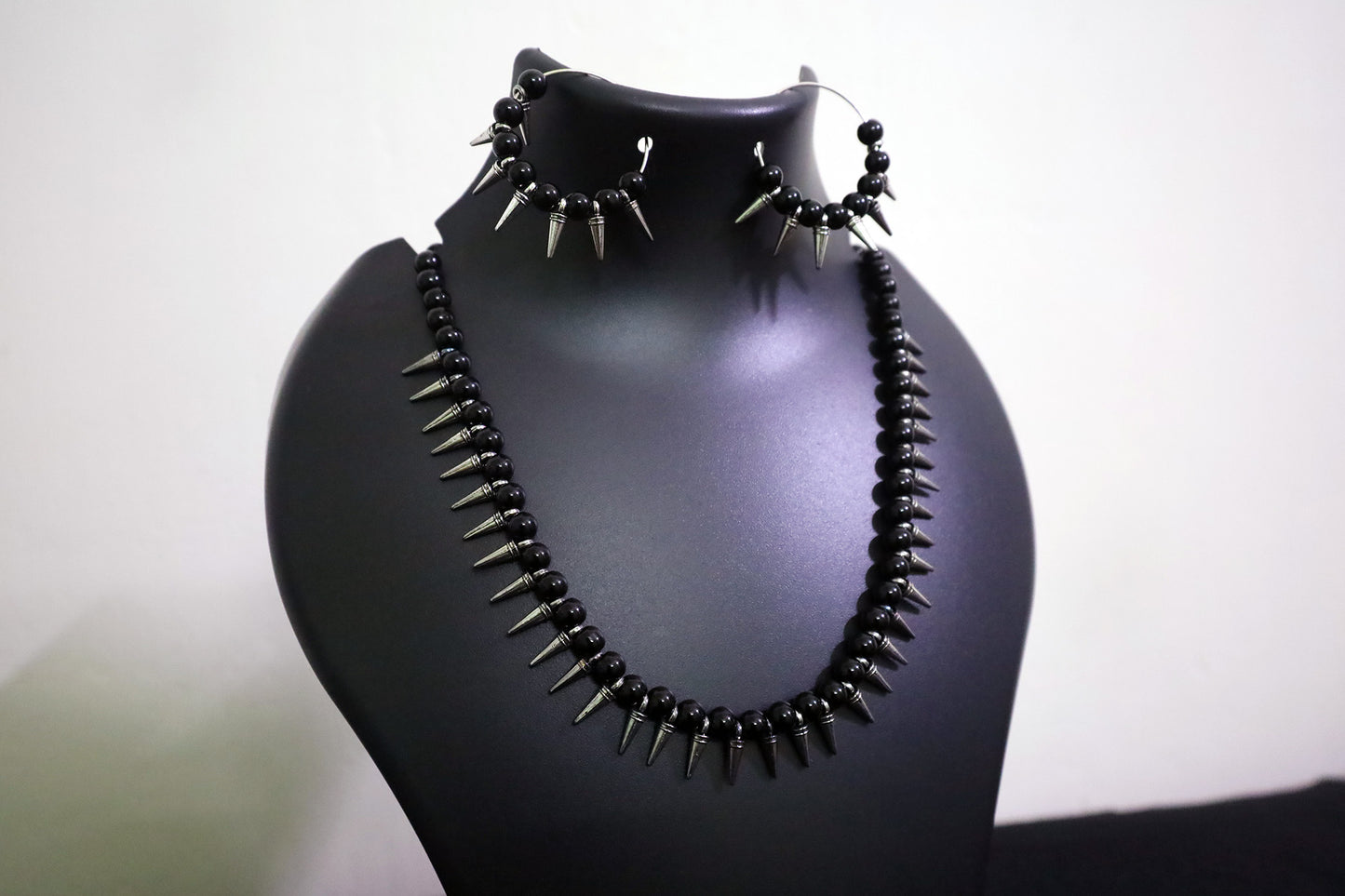Closer view of Black Glass Beads Oxidized Cone Necklace Set on mannequin – artificial jewellery online