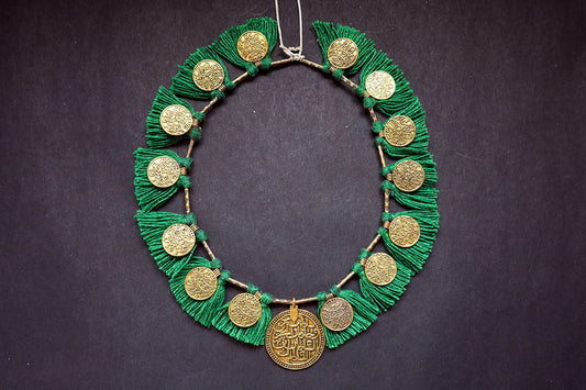 Full view of handmade ginni and tassel short necklace in moss green color – fashion jewellery for women