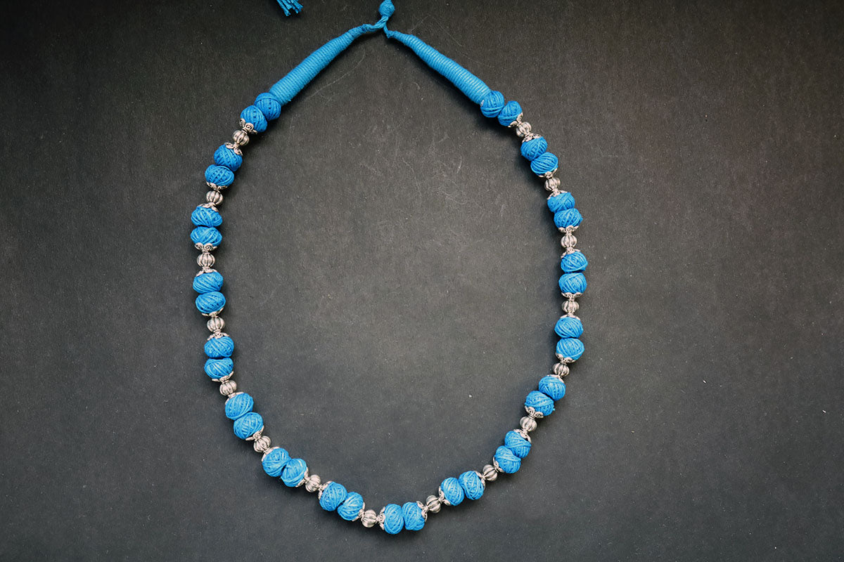 Full view of handmade oxidized and cotton balls blue long necklace – fashion jewellery for women