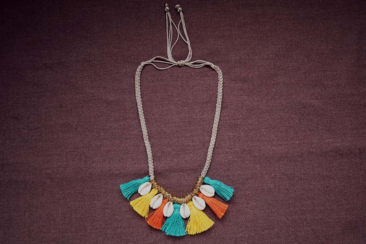 Full view of handwoven tassel and cowrie multicolored necklace – fashion jewellery for women