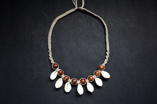 Full view of hemp weaved short necklace with wooden beads and cowrie – fashion jewellery for women