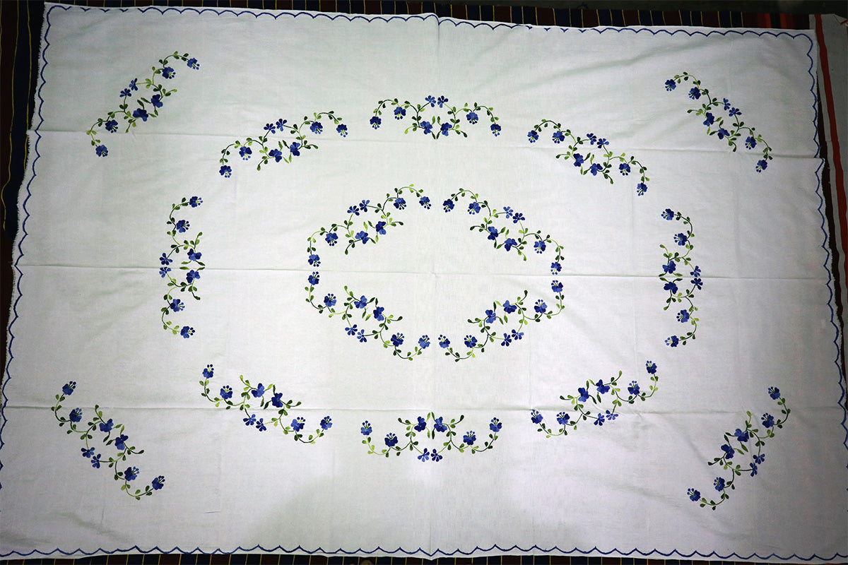 Complete top-angle view of Blue Hand Embroidery Table Cloth styled on a chest of drawers, highlighting its rich design.