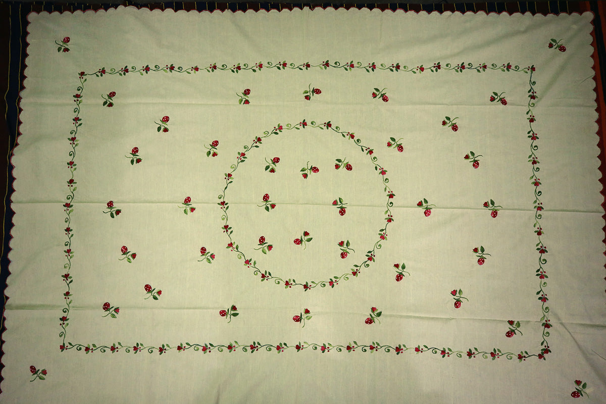 Complete top-angle view of Wine Red Hand Embroidery Table Cloth styled on a chest of drawers, showing its full luxurious design.