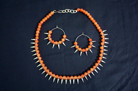 Top view of Orange Glass Beads Oxidized Cone Necklace Set with earrings – fashion jewellery