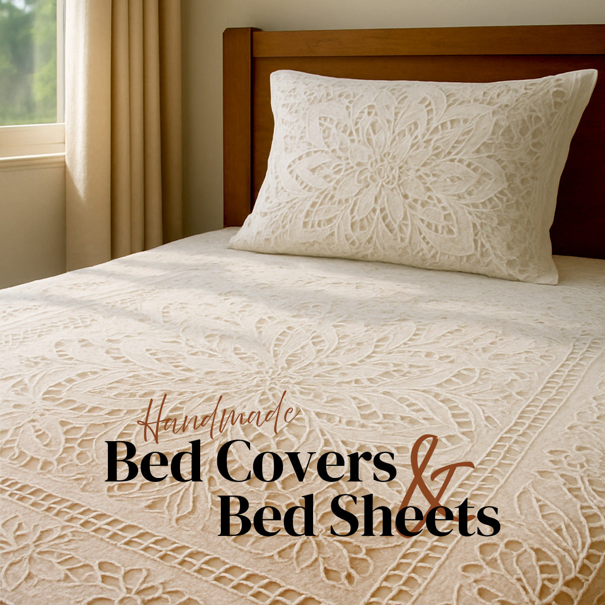 Applique cutwork cotton bedcover in white with intricate handcrafted floral and geometric design details by India Handicraftz