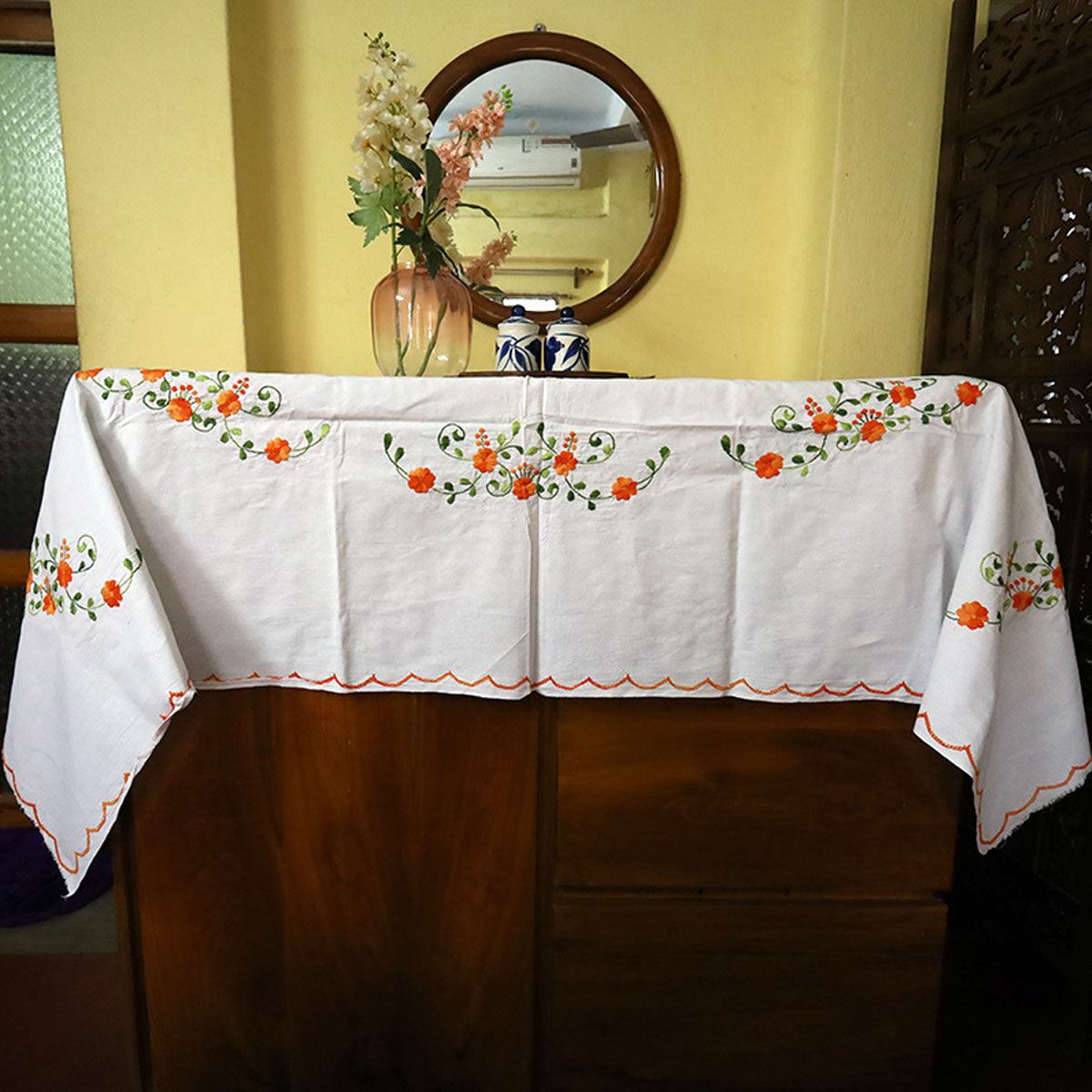 Hand embroidery table cloth with intricate patterns for dining and study tables.