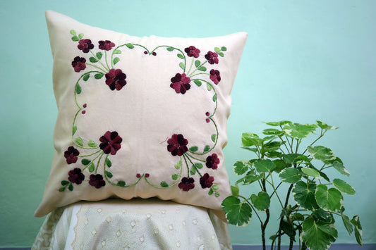 Hand Embroidery Floral Cushion Covers 16x16 (Maroon/Green)