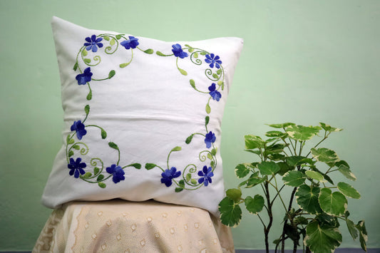 Hand Embroidery Floral Cushion Covers 16x16 (Blue/Green)