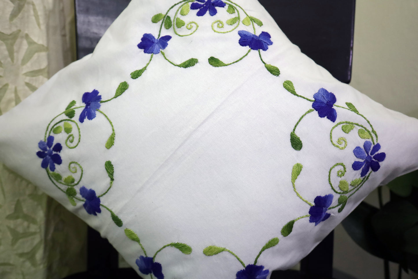 Hand Embroidery Floral Cushion Covers 16x16 (Blue/Green)