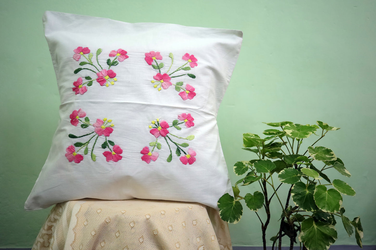 Hand Embroidery Floral Cushion Covers 16x16 (Pink/Green)