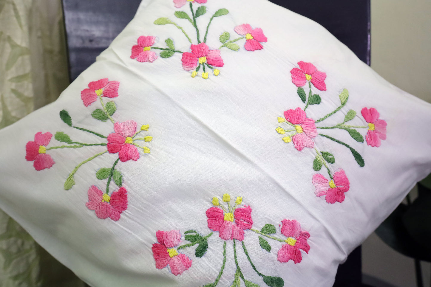 Hand Embroidery Floral Cushion Covers 16x16 (Pink/Green)