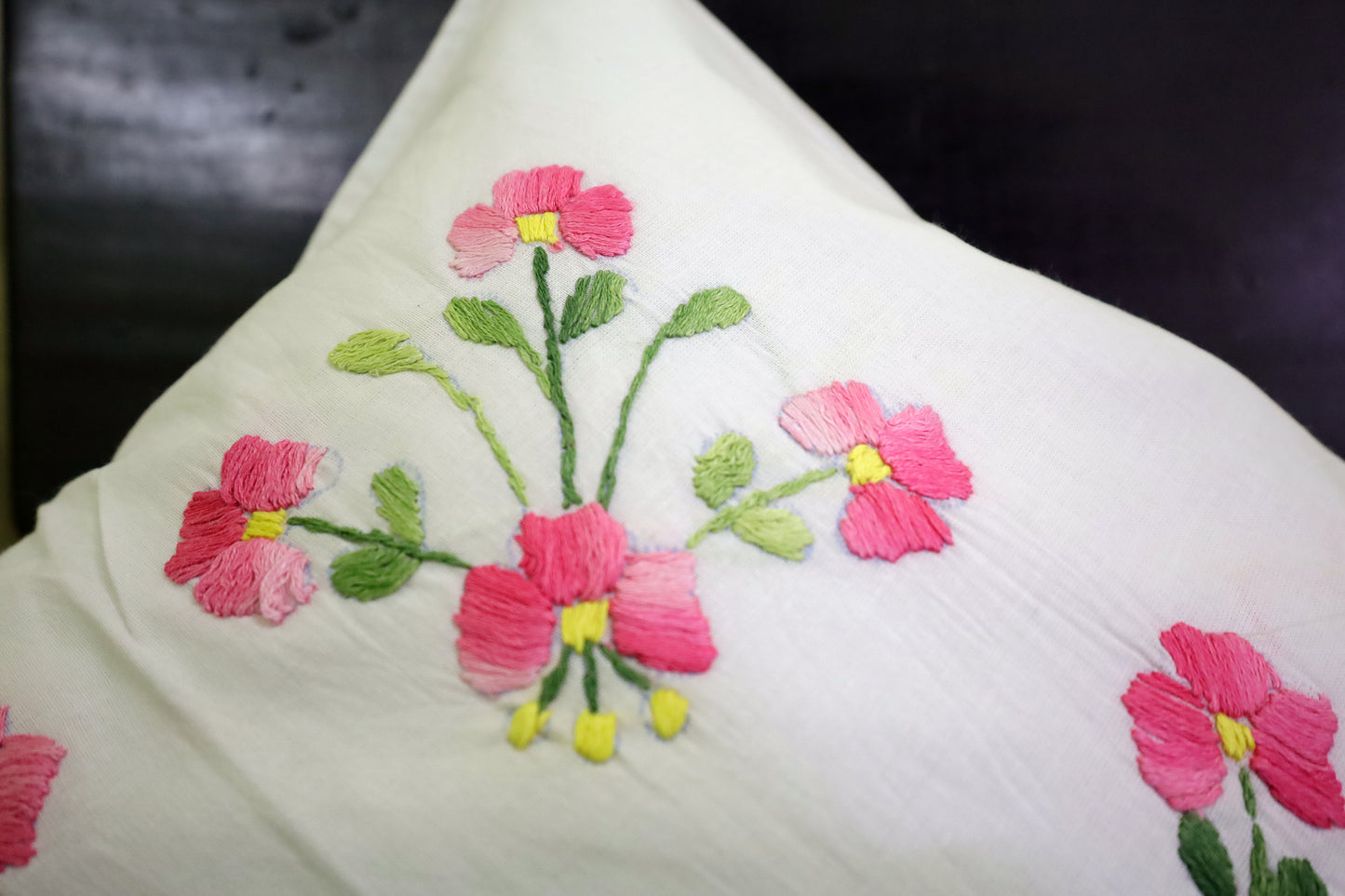 Hand Embroidery Floral Cushion Covers 16x16 (Pink/Green)