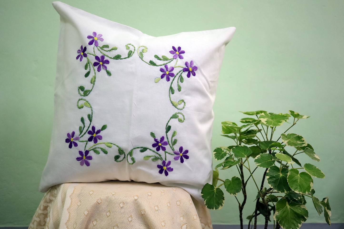 Hand Embroidery Floral Cushion Covers 16x16 (Violet/Green)