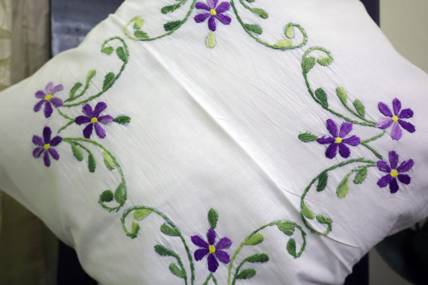 Hand Embroidery Floral Cushion Covers 16x16 (Violet/Green)