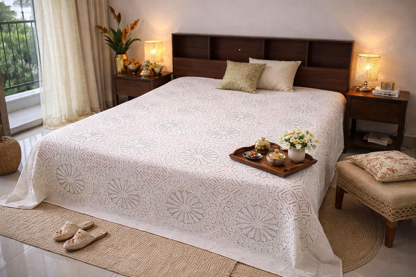 Handmade cotton bed cover for double bed with applique cutwork design