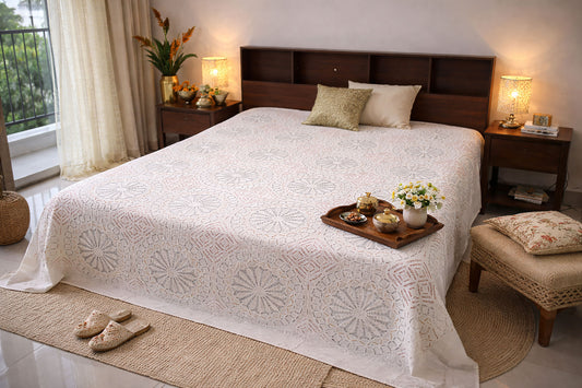 Handmade cotton bed cover for double bed with applique cutwork design