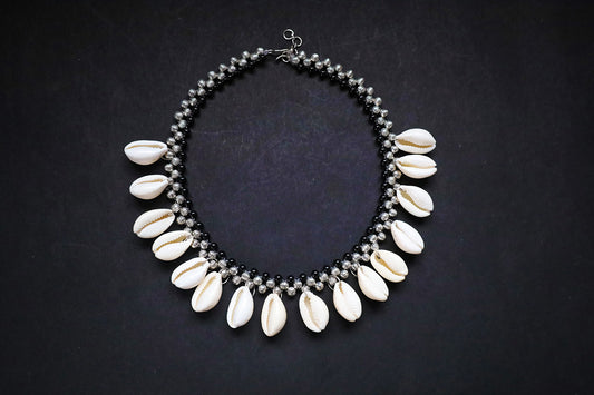 Full view of handmade metal beads and cowrie short necklace in silver color – fashion jewellery for women