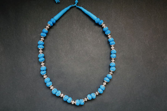 Full view of handmade oxidized and cotton balls blue long necklace – fashion jewellery for women