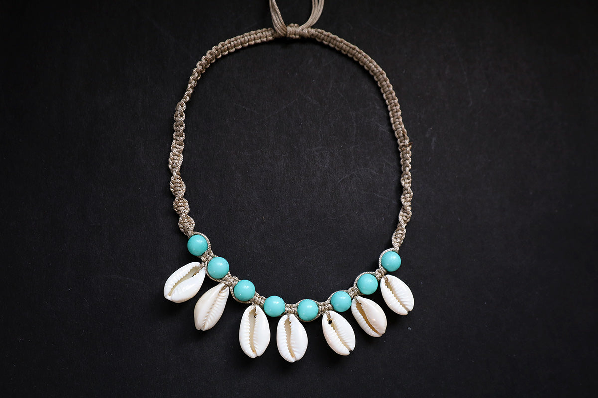 Full view of hemp weaved short necklace with plastic beads and cowrie – fashion jewellery for women