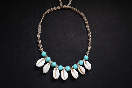 Full view of hemp weaved short necklace with plastic beads and cowrie – fashion jewellery for women