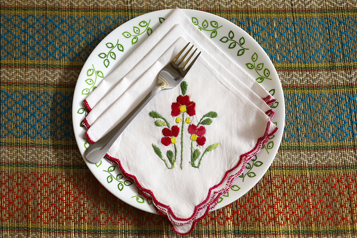 Crimson Red Hand Embroidery Napkins, Set of 4 – Bold handcrafted napkins with crimson red and green embroidery on premium cotton