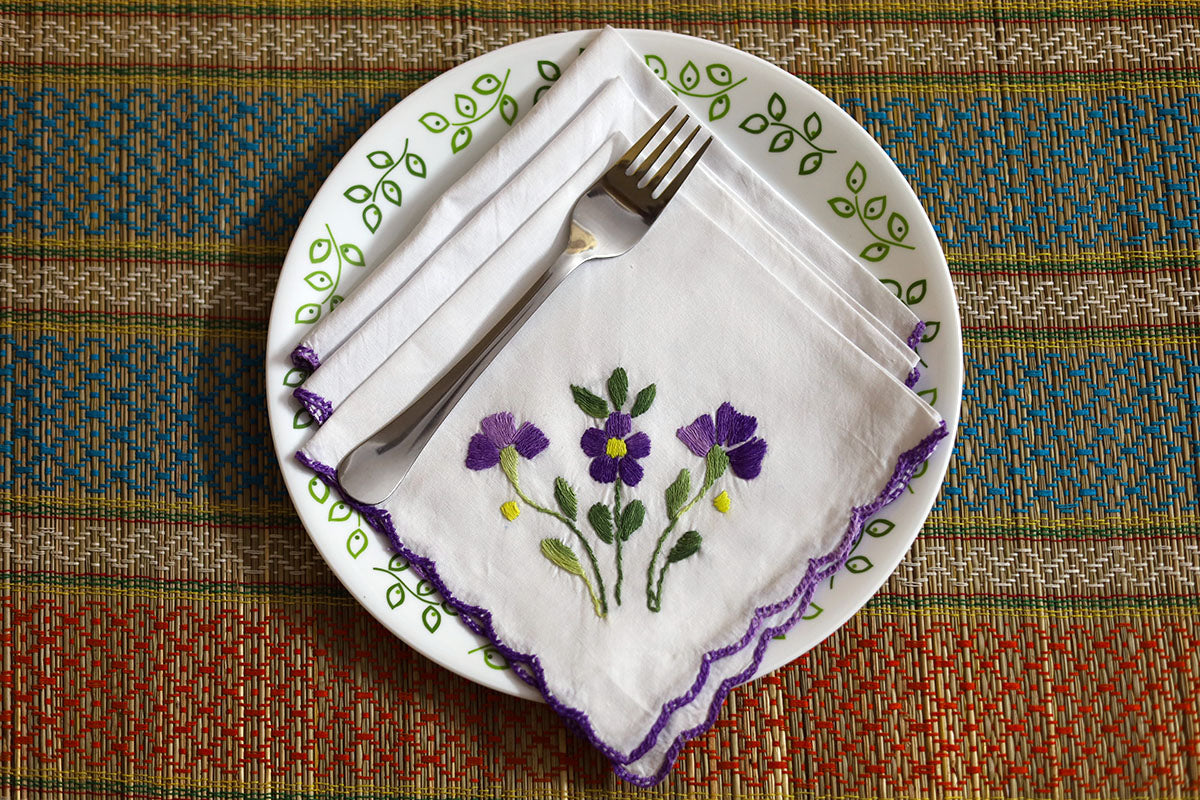 Lavender Hand Embroidery Napkins, Set of 4 – Handcrafted napkins with lavender and green embroidery on premium cotton