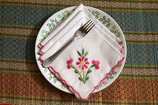 Pink Hand Embroidery Napkins, Set of 4 – Soft pink and green embroidered napkins made from high-quality cotton