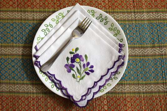 Violet Hand Embroidery Napkins – Embroidered napkins with violet and green embroidery on premium cotton