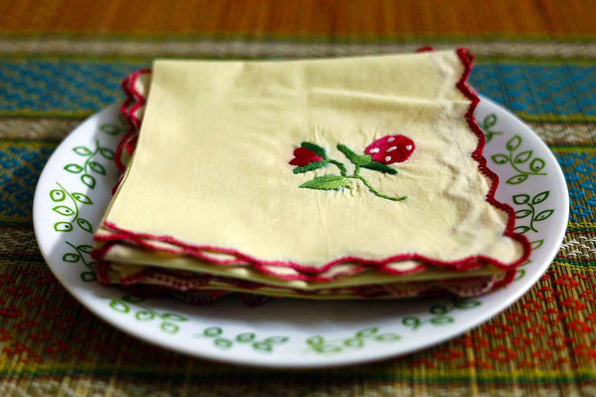 Side angle view of Wine Red Hand Embroidery Napkin Set showing the intricate craftsmanship and rich fabric