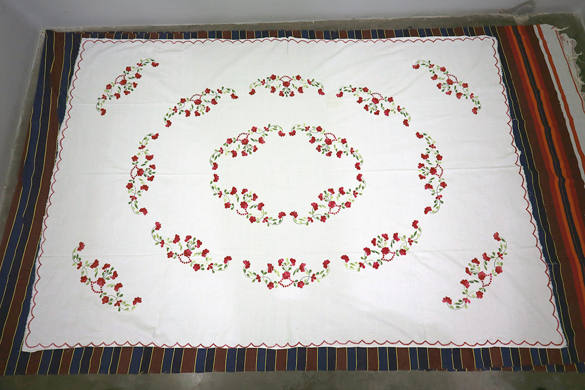 Complete top-angle view of Maroon Hand Embroidery Table Cloth styled with a chest of drawers, highlighting its full beauty.