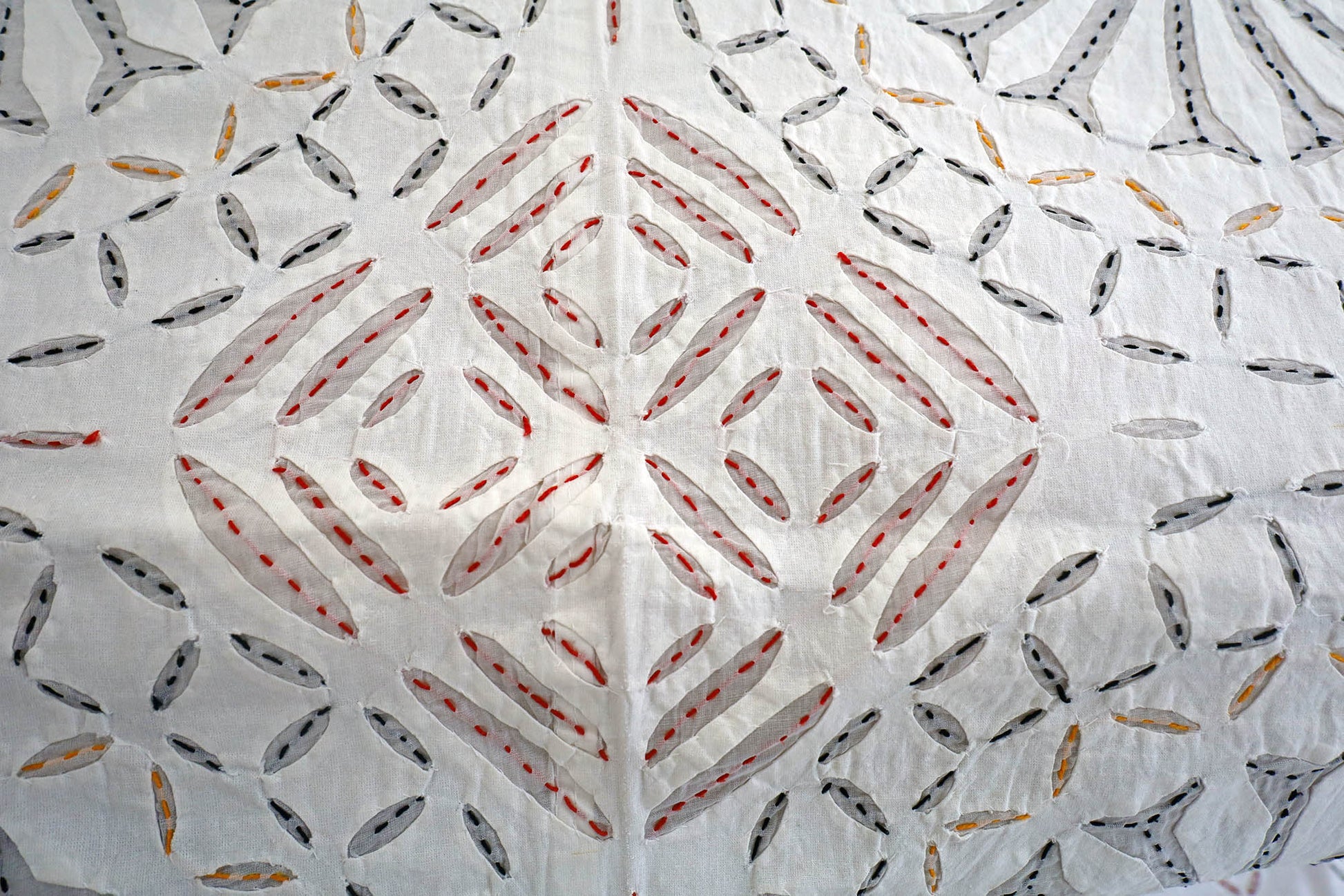 Detailed Kantha stitching on handmade cotton bed cover